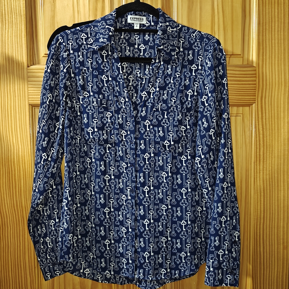 Express Blue and White Patterned Shirt